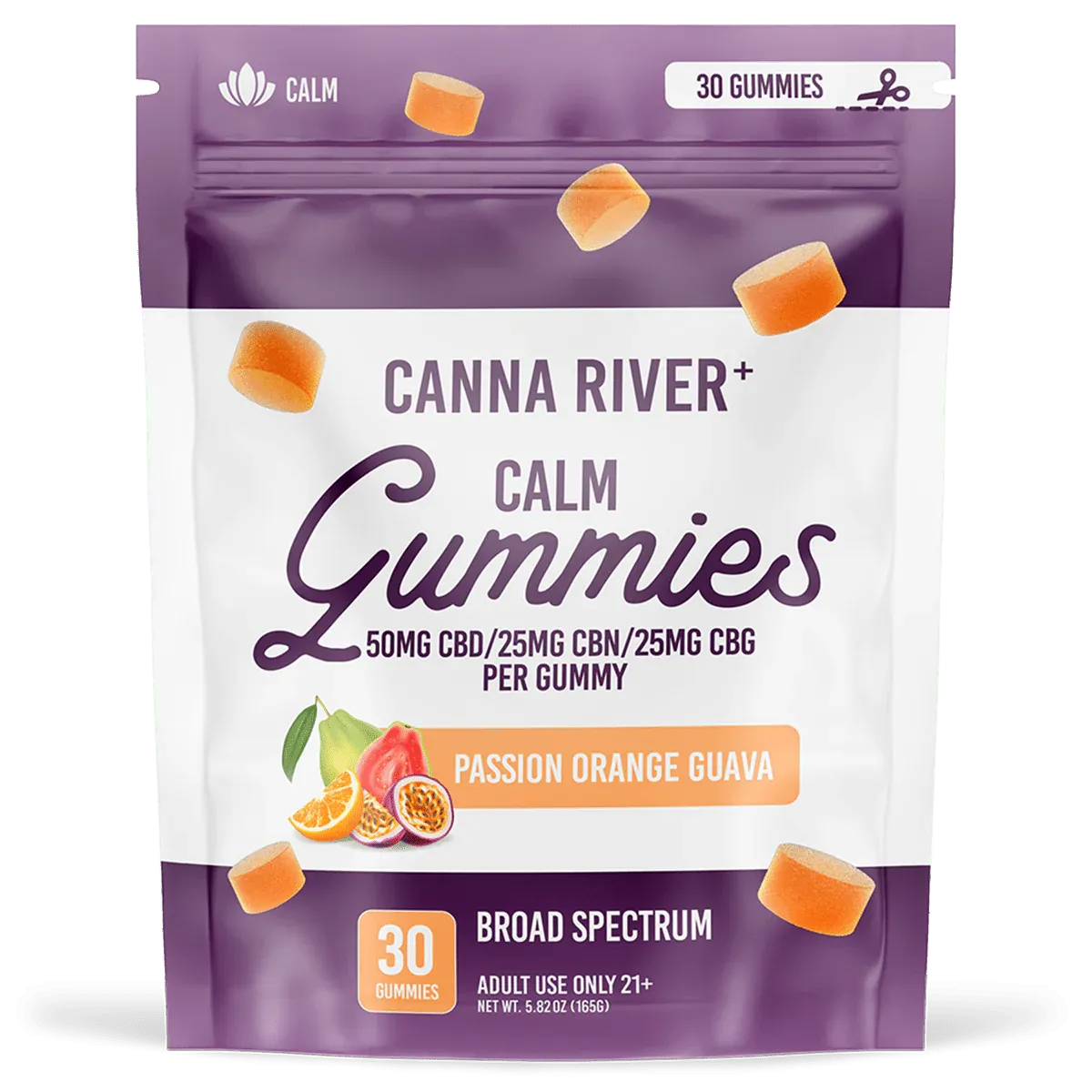 Canna River – Calm Gummies – (CBD 50mg + CBN 25mg + CBG 25mg) – Passion Orange Guava