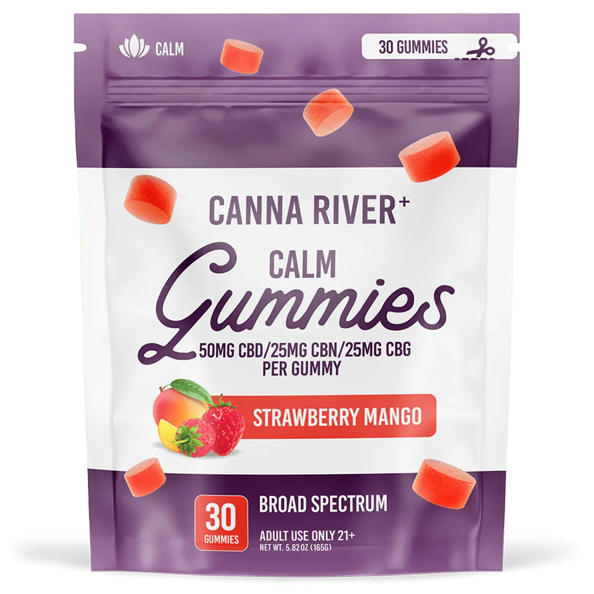 Canna River – Calm Gummies – (CBD 50mg + CBN 25mg + CBG 25mg) – Strawberry Mango
