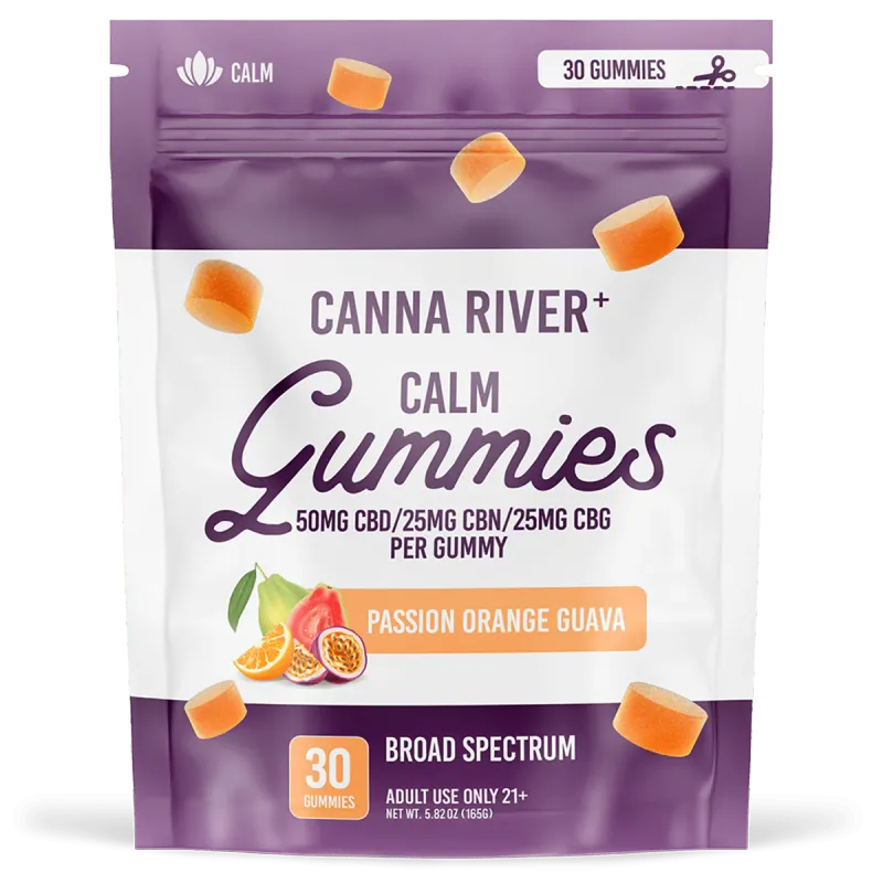 Canna River – Calm Gummies – (CBD 50mg + CBN 25mg + CBG 25mg) – Passion Orange Guava