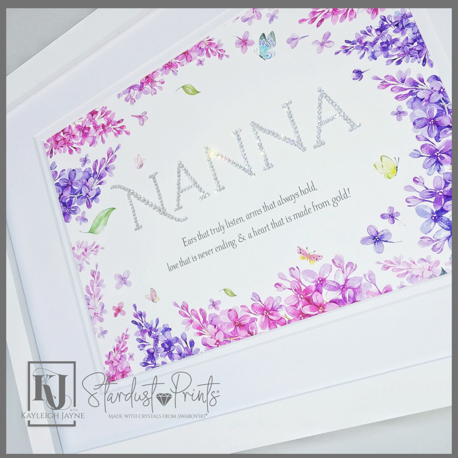 Stardust Crystallised Prints® - Pink and Purple Floral Border Personalised Print Embellished with Swarovski® Crystals