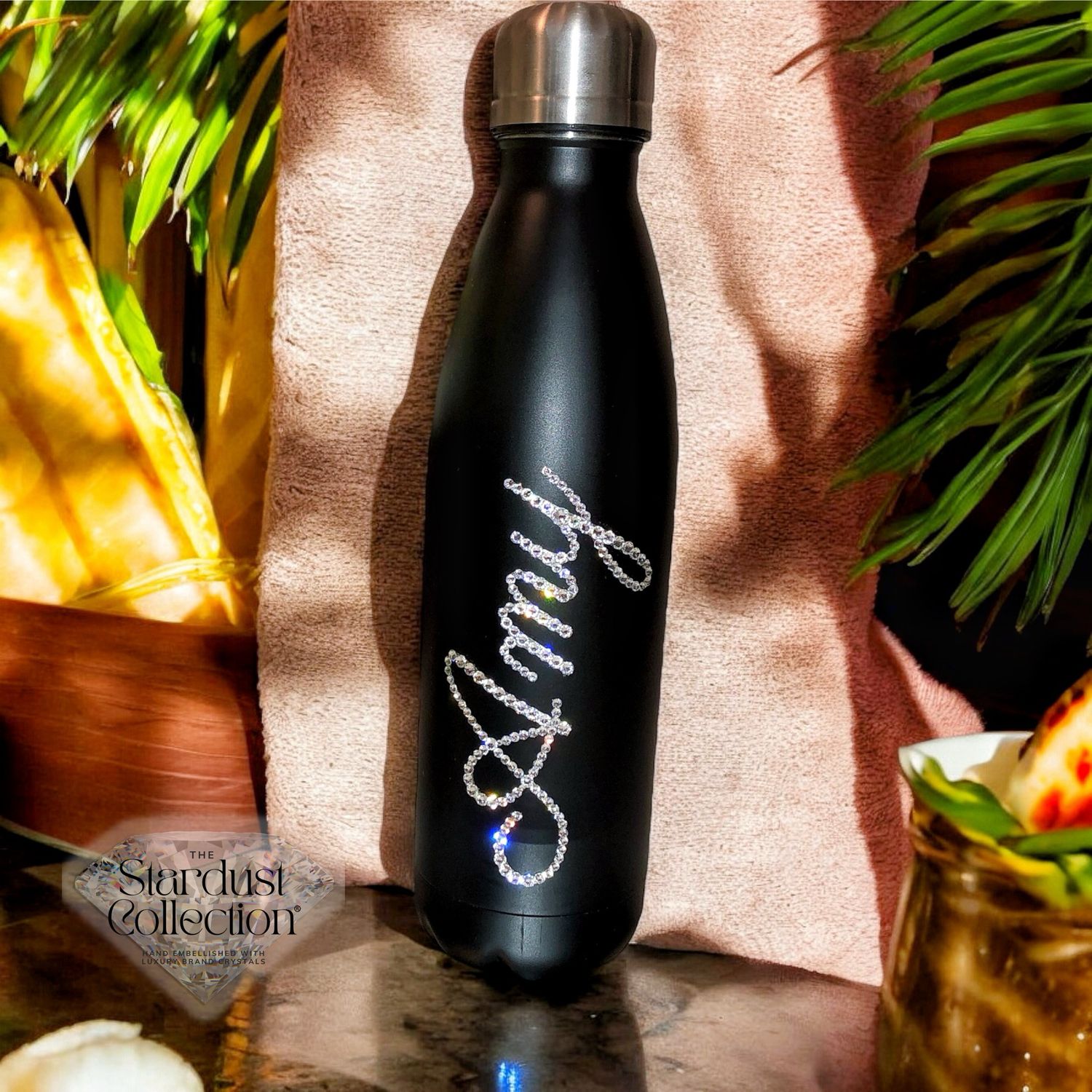 Personalised Crystallised Water Bottle - Black - Embellished with Swarovski® Crystals
