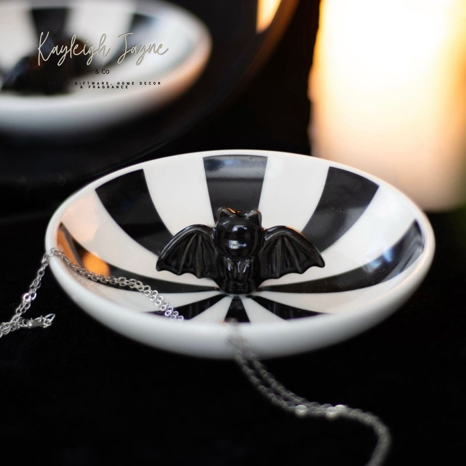 Black And White Striped Halloween Bat Trinket Dish