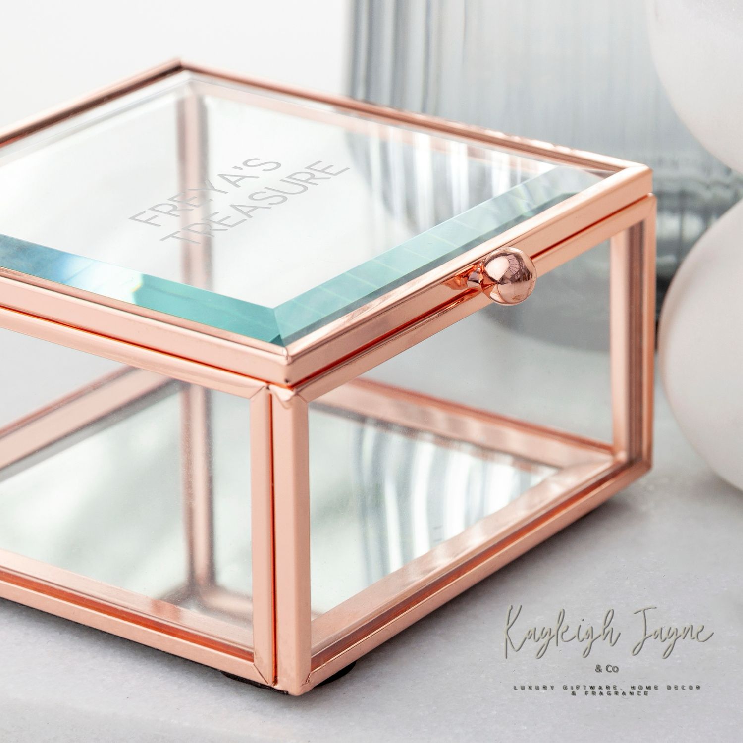 Personalised Square Rose Gold Plated Mini Glass Trinket Box
