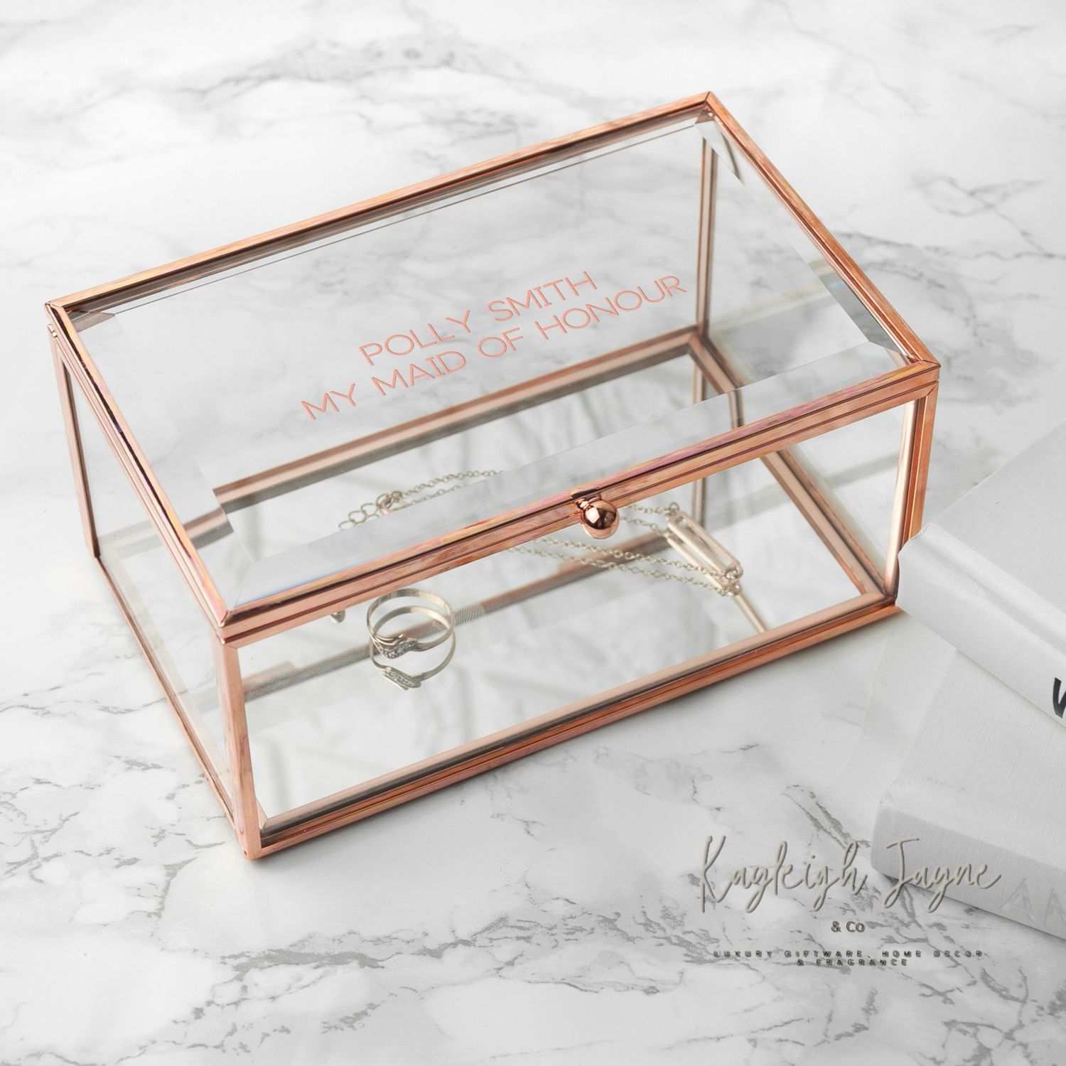 Personalised Glass Jewellery Box With Rose Gold Rim