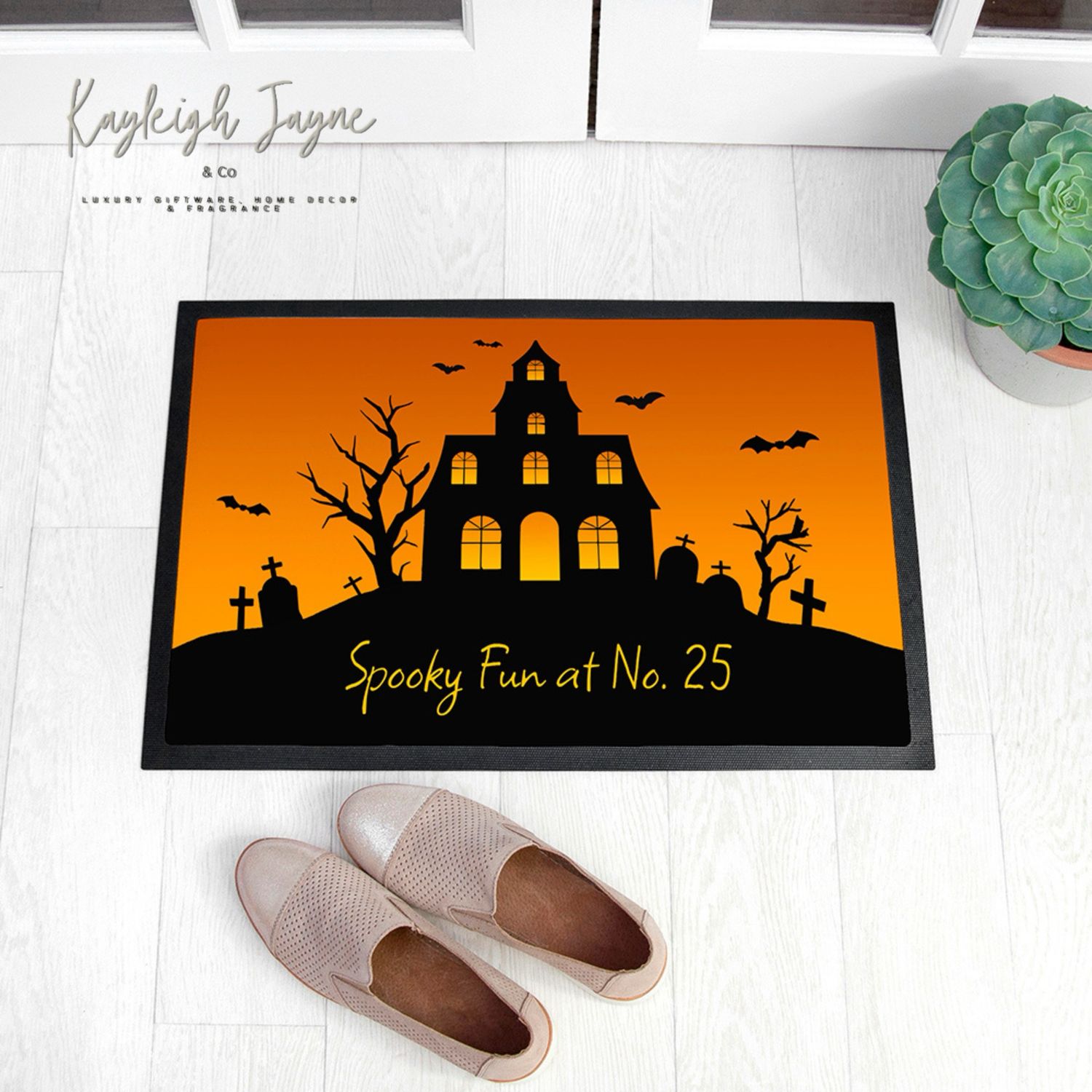 Halloween Haunted House Door Mat Personalised
