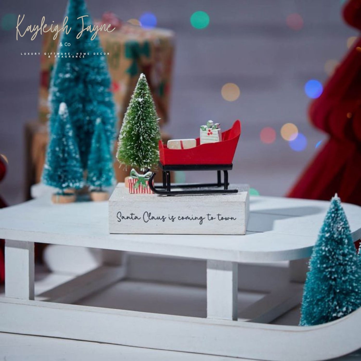 XMAS SANTA CLAUS IS COMING BLOCK WOODEN WITH TREE &amp; SLEIGH