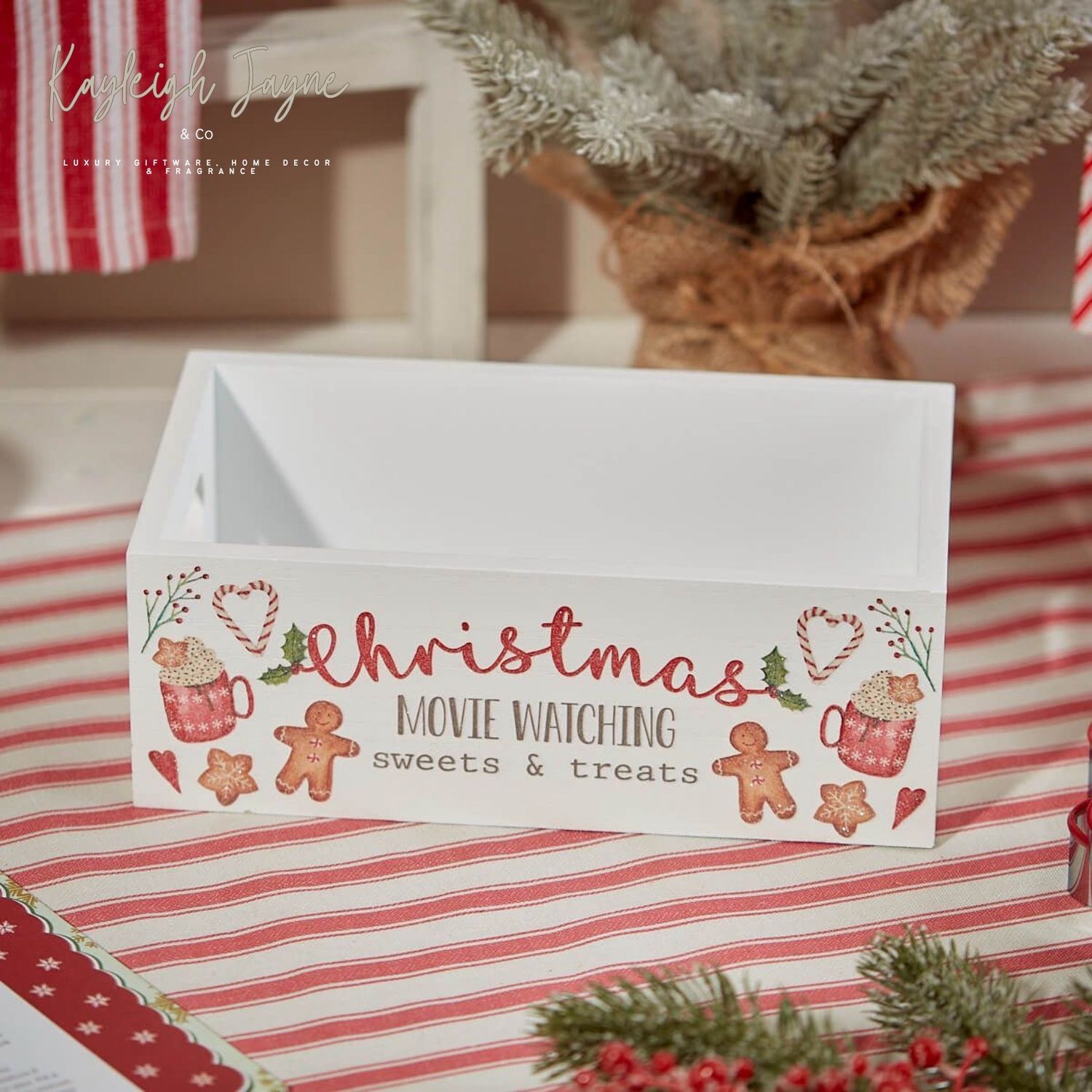 XMAS MOVIE TREAT CRATE WHITE WOOD WITH GINGERBREAD MEN