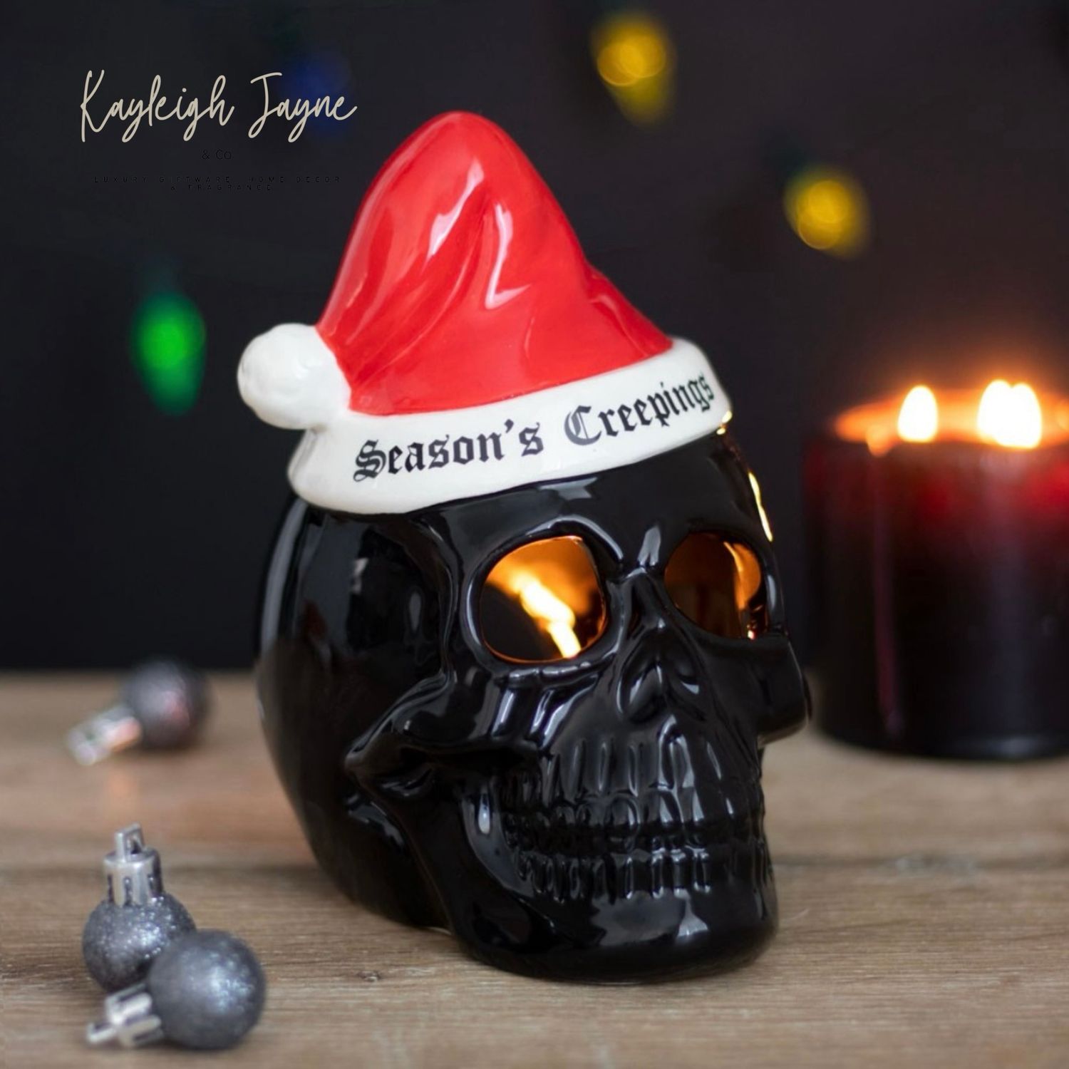 Seasons Creepings Skull &amp; Santa Hat Tea light Burner