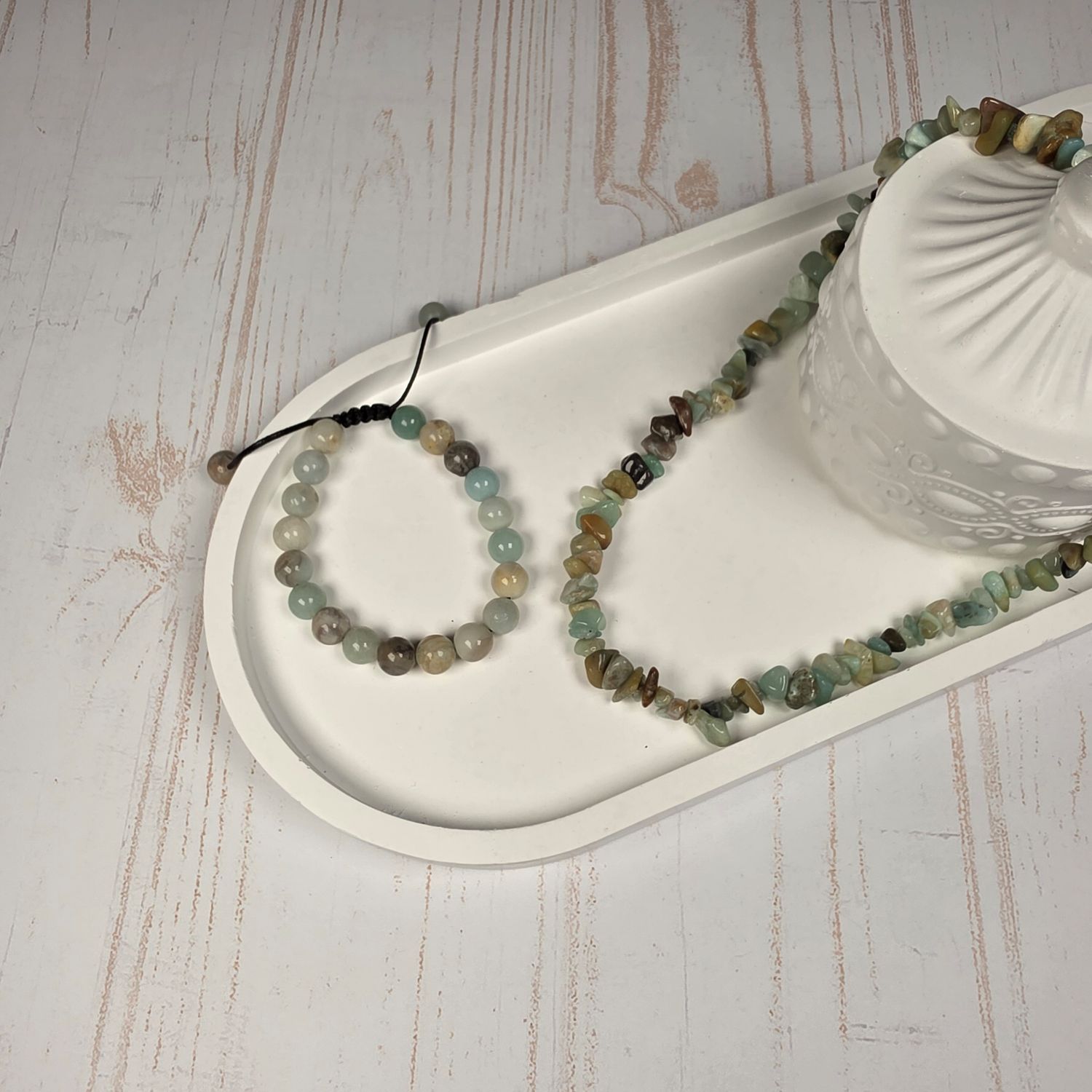 Pulsera de amazonita 8mm ajustable y collar de escallas - Valentía, fortaleza mental y claridad