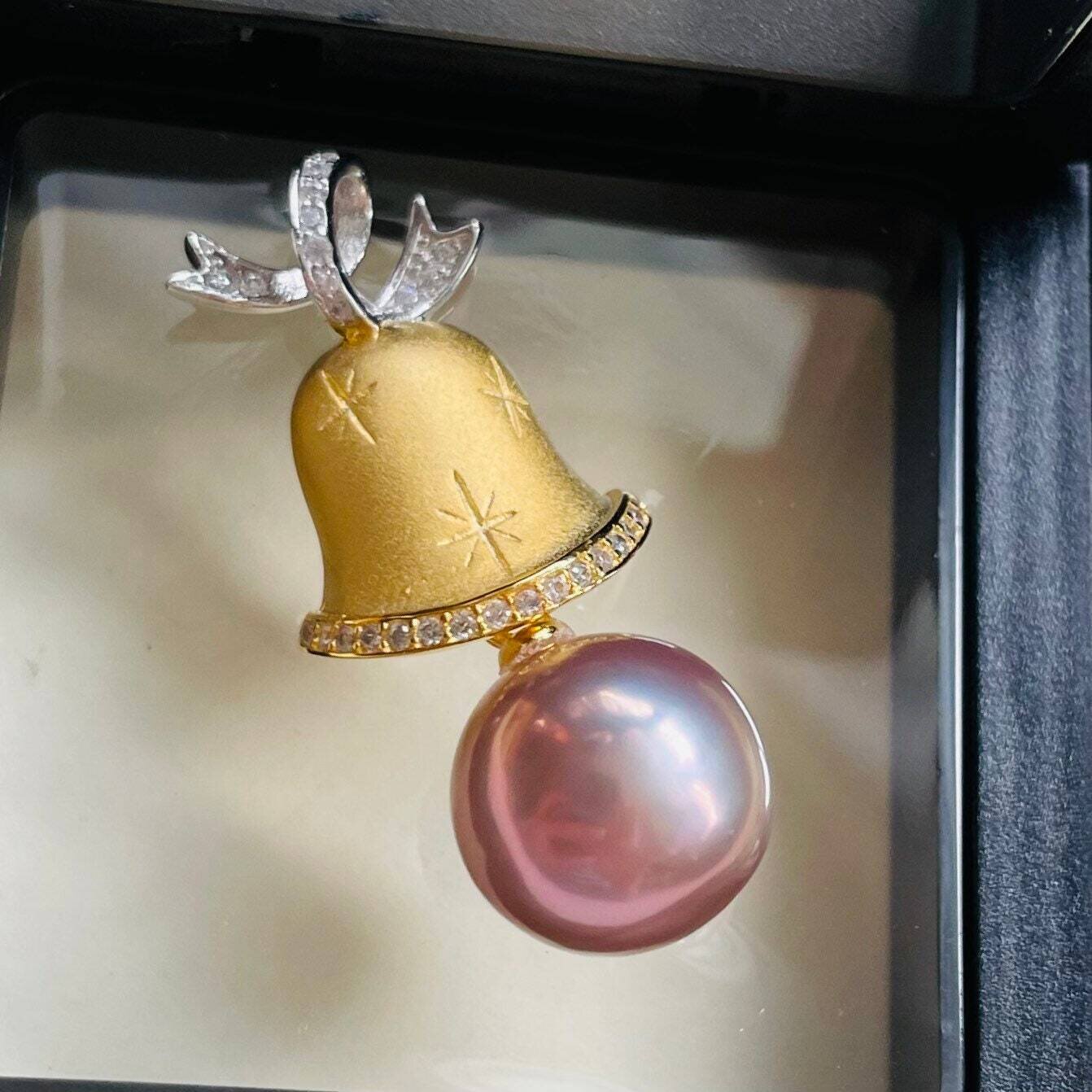 Bell necklace pendant, pearl necklace pendant, pearl in ringing bell pendant, pearl choker, gift for her, Christmas necklace pendant