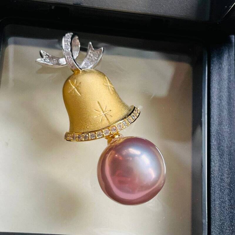 Bell necklace pendant, pearl necklace pendant, pearl in ringing bell pendant, pearl choker, gift for her, Christmas necklace pendant