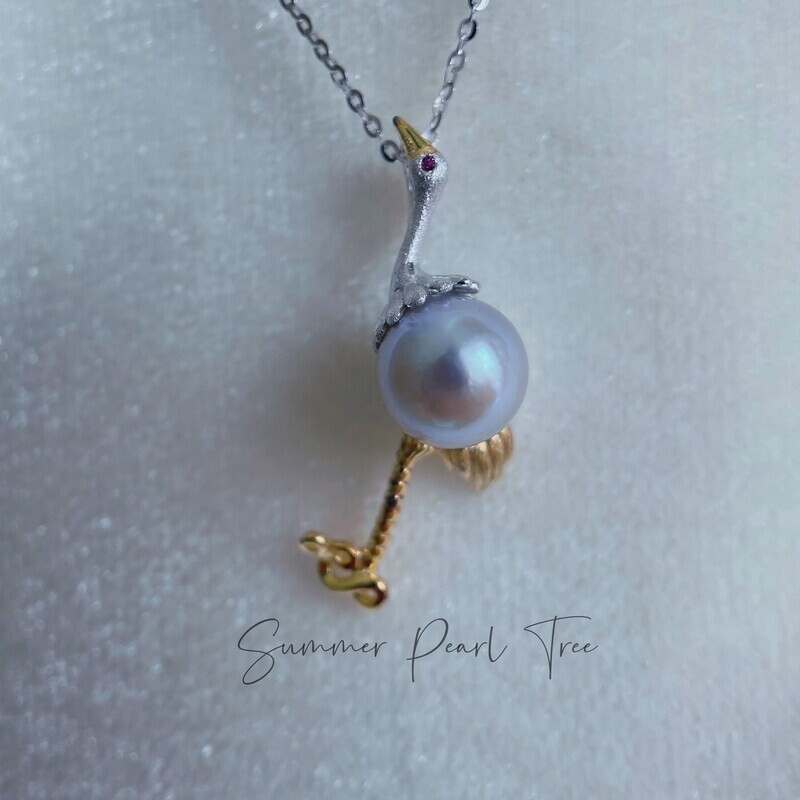 Crane necklace, bird necklace, akoya pearl necklace pendant, genuine seawater pearl pendant necklace, flamingo necklace pendant,gift for her
