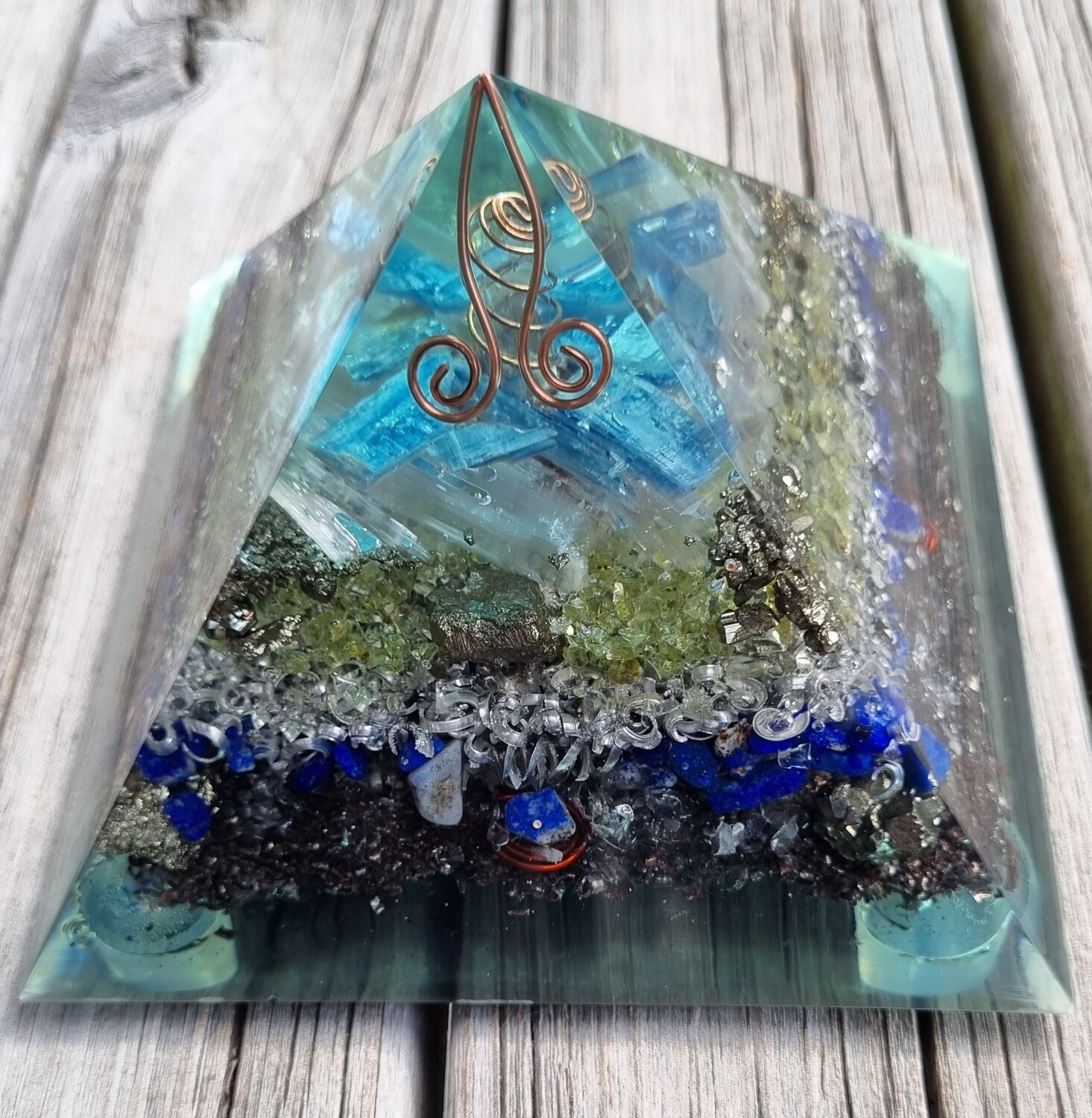 Blue Kyanite Selenite Pyrite Koru Orgone Energy Pyramid