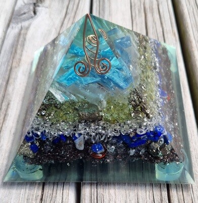 Blue Kyanite Selenite Pyrite Koru Orgone Energy Pyramid