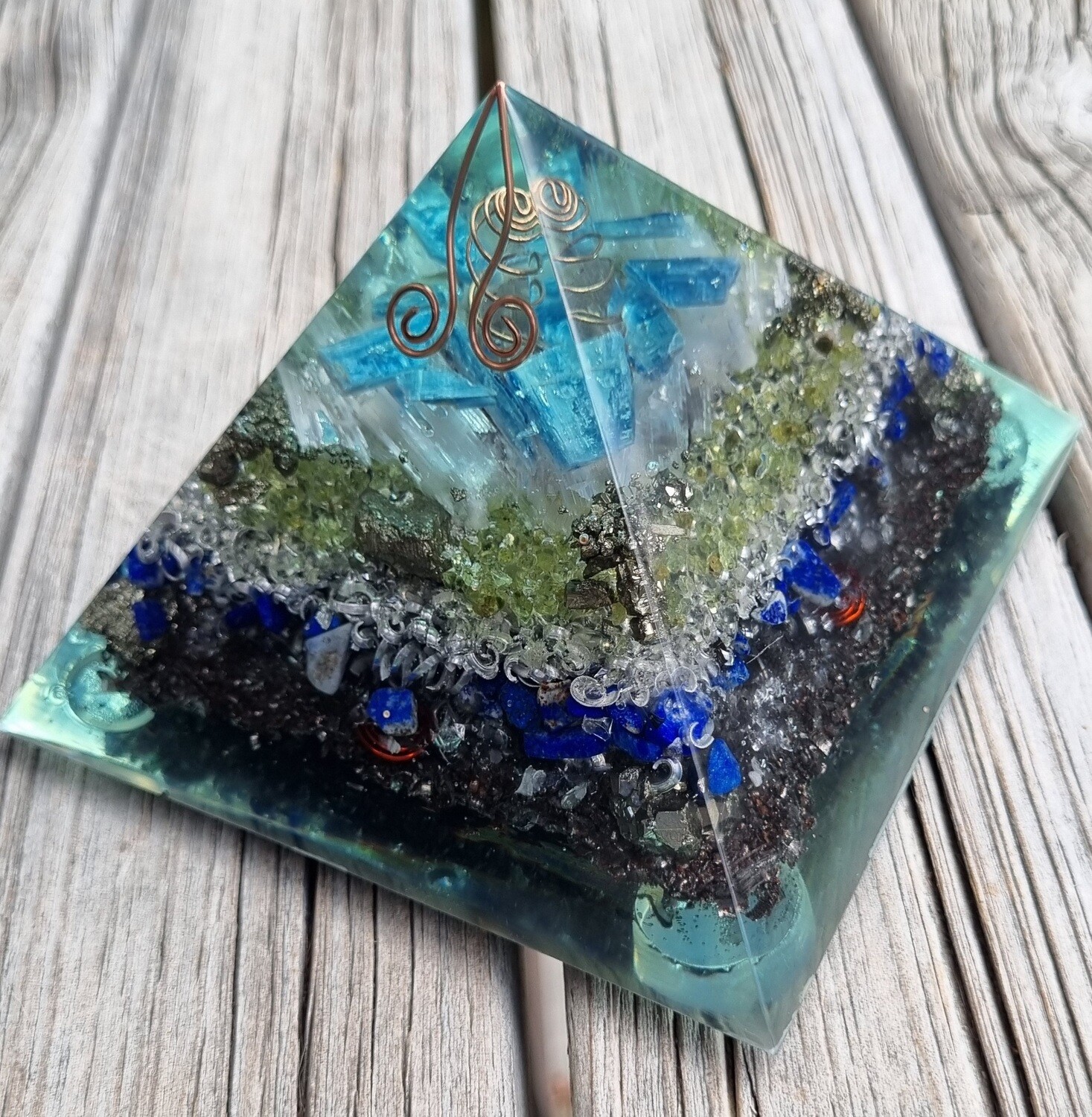 Blue Kyanite Selenite Pyrite Koru Orgone Energy Pyramid