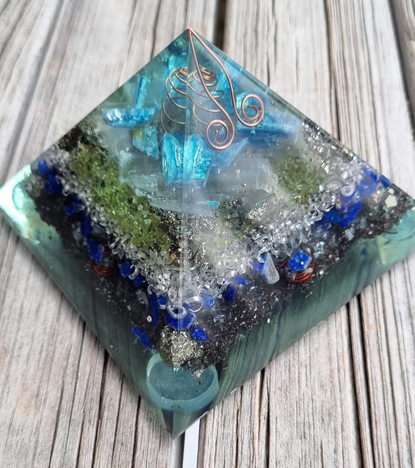 Blue Kyanite Selenite Pyrite Koru Orgone Energy Pyramid
