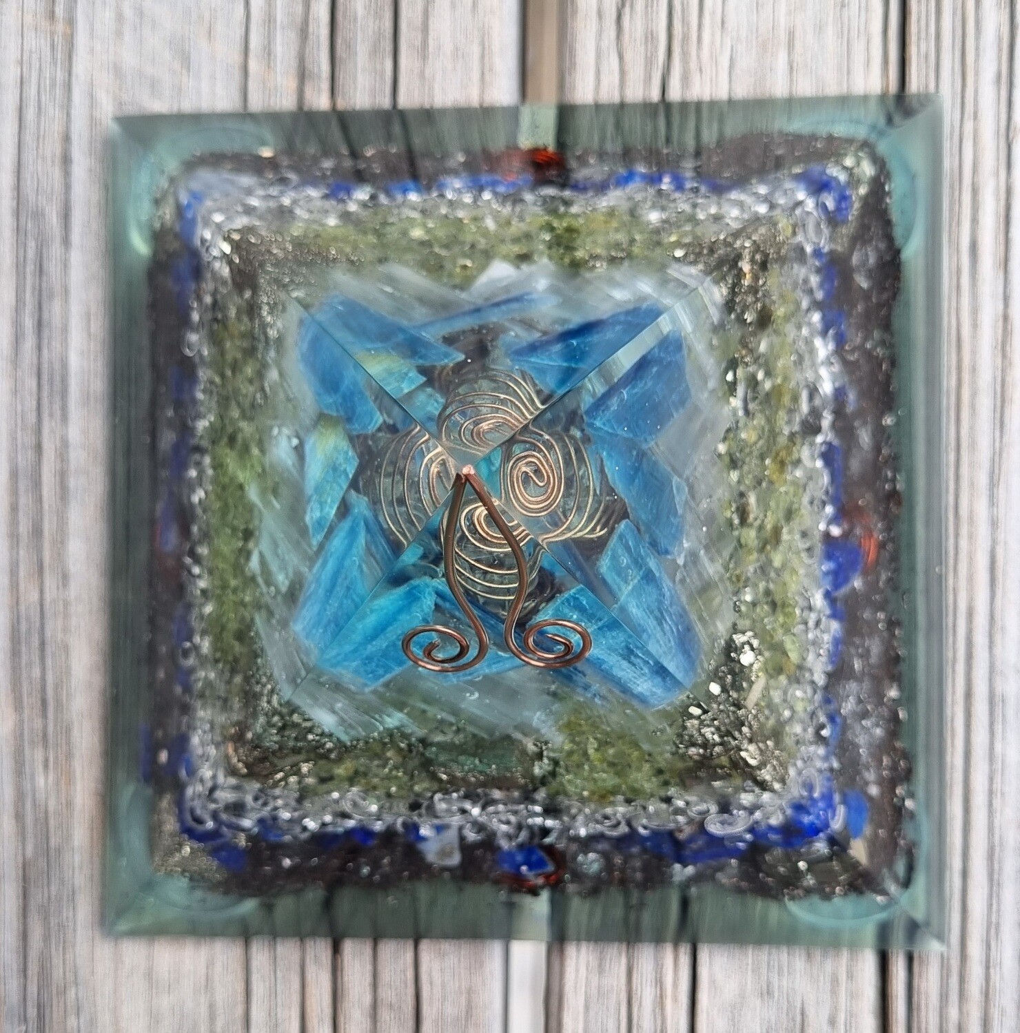 Blue Kyanite Selenite Pyrite Koru Orgone Energy Pyramid