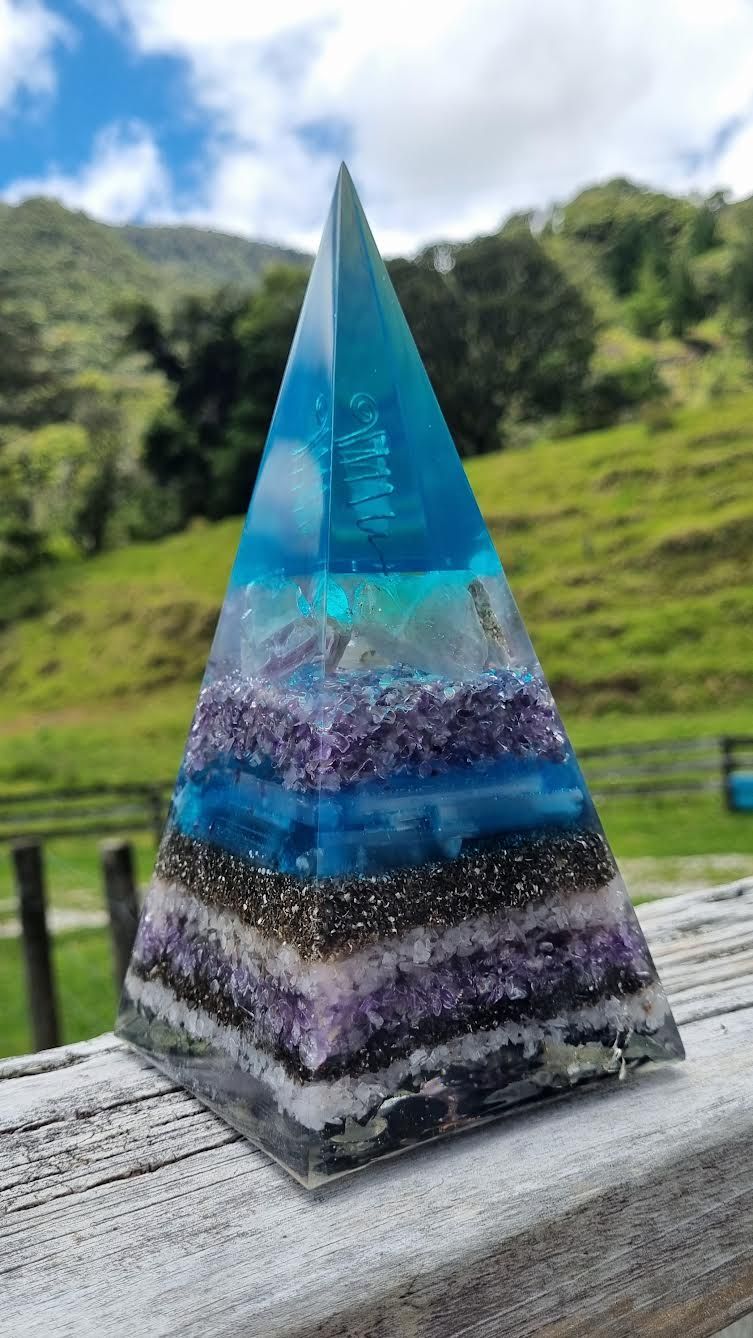 Tri-Coloured Fluorite Amethyst Elite Shungite Russian Orgone Energy Pyramid