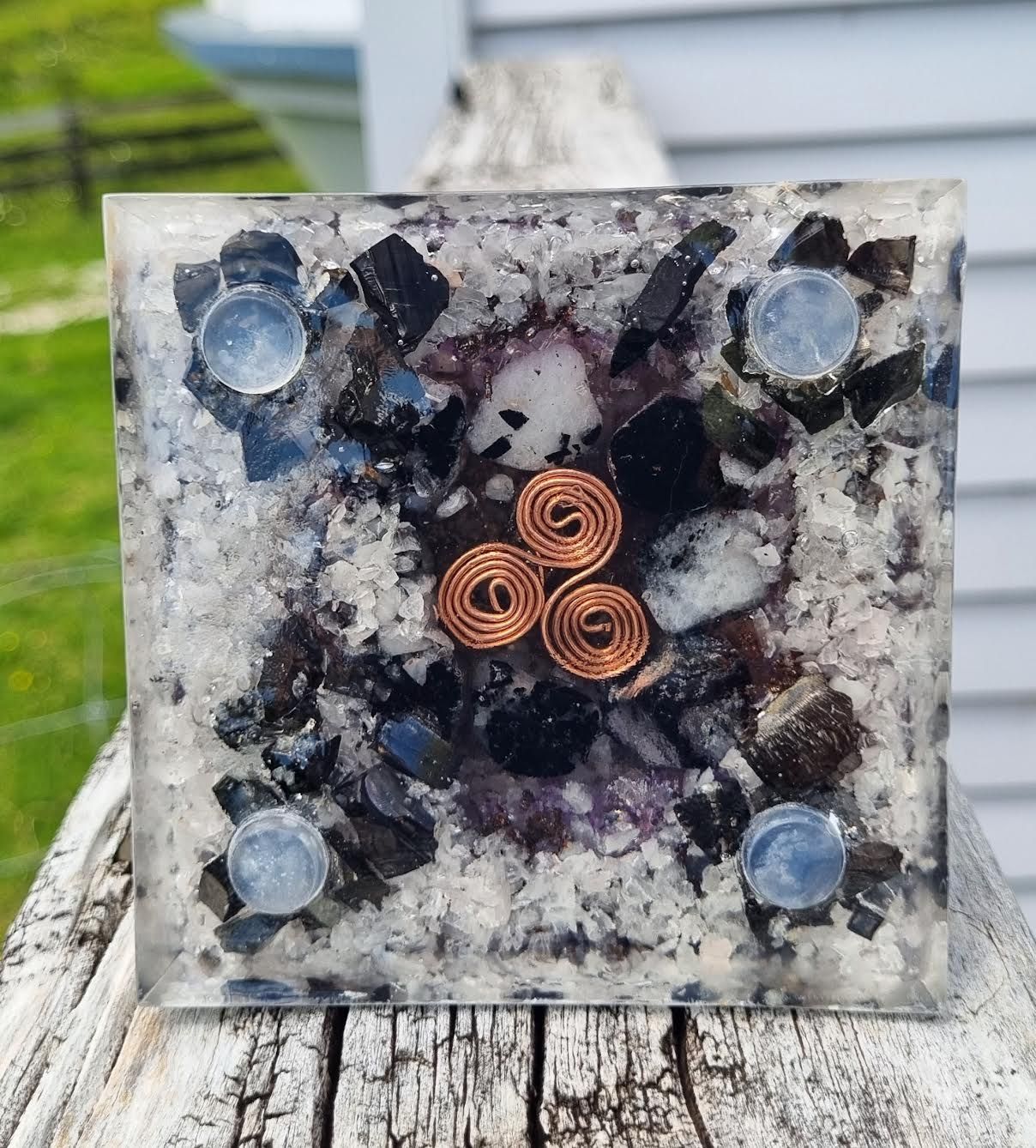 Tri-Coloured Fluorite Amethyst Elite Shungite Russian Orgone Energy Pyramid