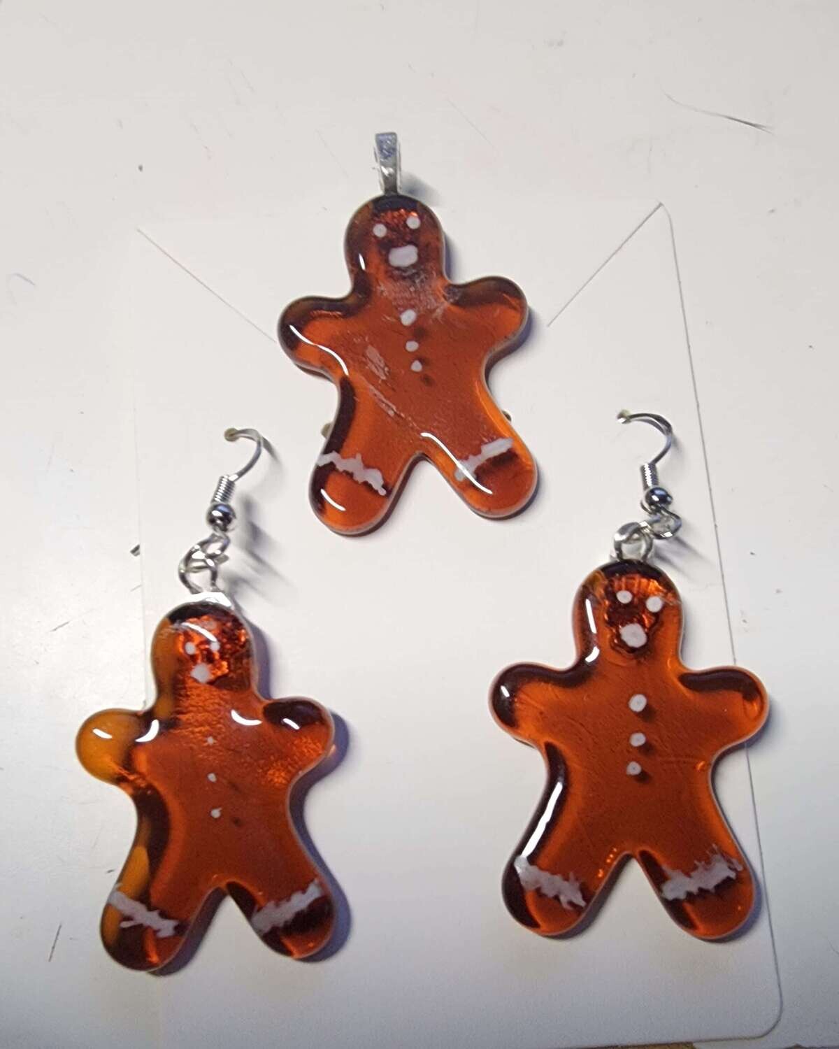Glass gingerbread man earrings and pendant
