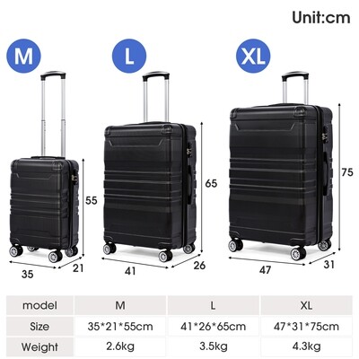 Hartschalen-Handgepäck, Koffer mit TSA-Schloss und Universalrad, Erweiterbar, Seitengriff, 3-teiliges Set,