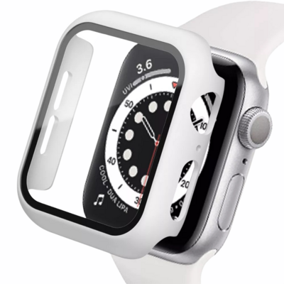 45mm Apple watch full cover with glass - white - فل كفر  مع جام لساعات ابل مقاس  ٤٥م - ابيض