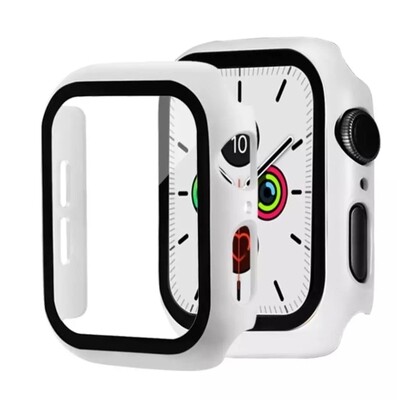 45mm Apple watch full cover with glass - white - فل كفر  مع جام لساعات ابل مقاس  ٤٥م - ابيض