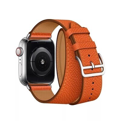 (42mm-44mm-45mm-49mm) Hermes Leather Orange double tour Band - جلد هرميز دبل برتقالي 