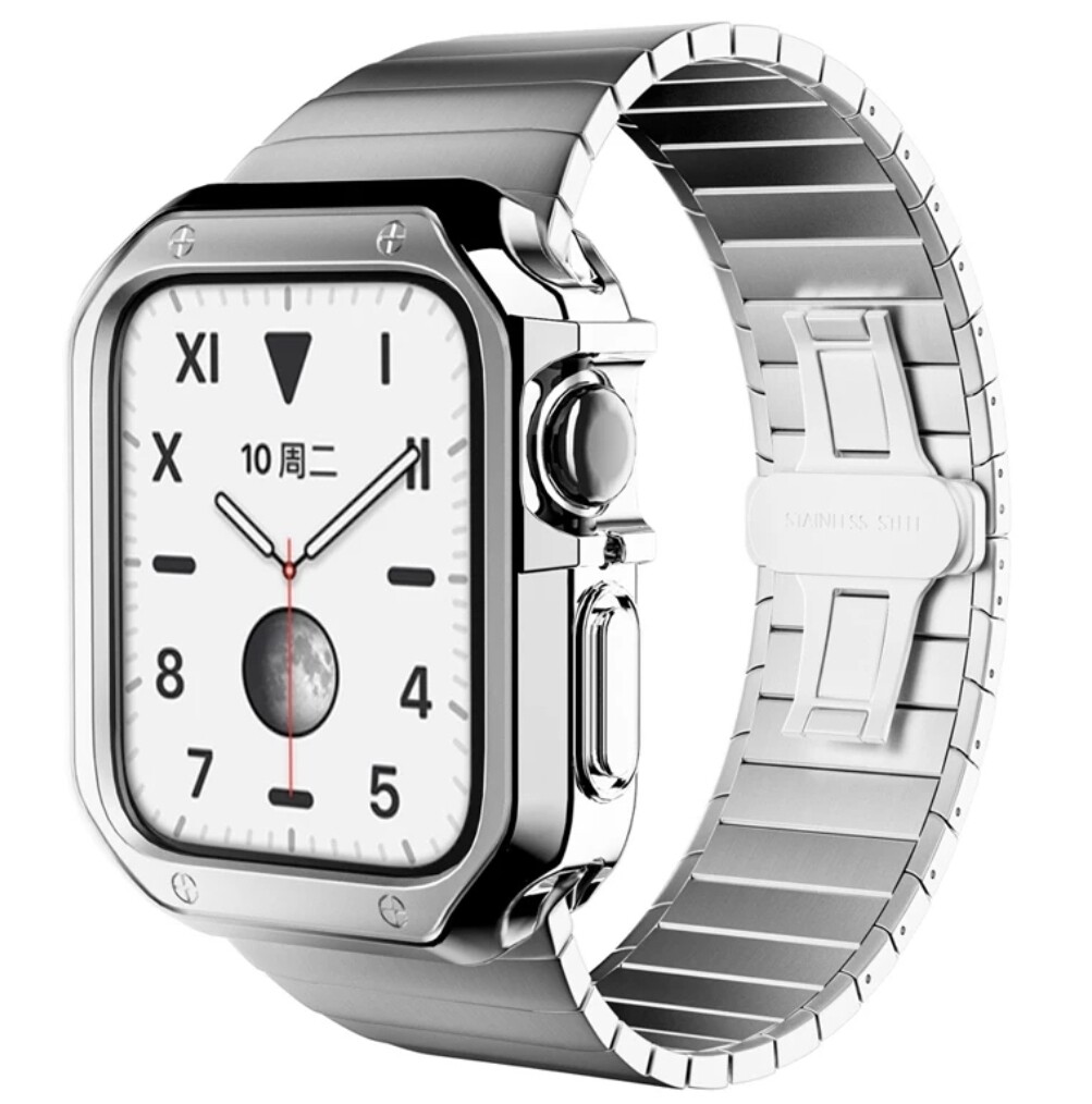 (42mm-44mm-45mm) Package Steel Ceramic Silver + TPU Cover + Tool -  بكج ستيل سيراميك سلفر + كفر بلاستيك + اداه تصغير وتكبير 