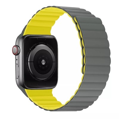 (42mm-44mm-45mm-46mm-49mm) Double color silicone magnatic band Grey&amp;Yellow - باند سيليكون مغناطيس لونين رمادي مع اصفر 