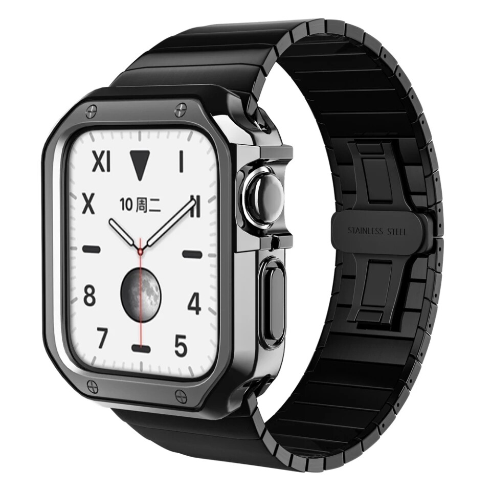 (42mm-44mm-45mm ) Package Steel Ceramic Black + TPU Cover + Tool -  بكج ستيل سيراميك اسود + كفر بلاستيك + اداه تصغير وتكبير 