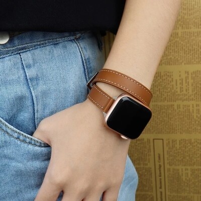 (38mm-40mm-41mm) Hermes Camel Leather double tour band Slim - جلد هرميز دبل بني فاتح ضعيف 