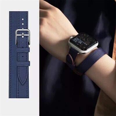 (42mm-44mm-45mm-49mm) Hermes Navy Blue Leather double tour band Slim - جلد هرميز دبل كحلي ضعيف 