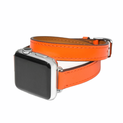 (42mm-44mm-45mm-49mm) Hermes Orange Leather double tour band Slim - جلد هرميز دبل برتقالي ضعيف 