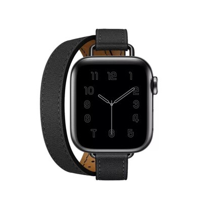 (42mm-44mm-45mm-49mm) Hermes Black Leather double tour band Slim - جلد هرميز دبل اسود ضعيف 