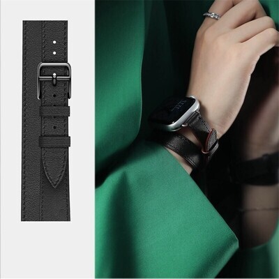(42mm-44mm-45mm-49mm) Hermes Black Leather double tour band Slim - جلد هرميز دبل اسود ضعيف 