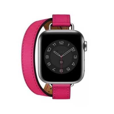 (42mm-44mm-45mm-49mm) Hermes Pink Leather double tour band Slim - جلد هرميز دبل وردي ضعيف 