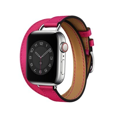 (42mm-44mm-45mm-49mm) Hermes Pink Leather double tour band Slim - جلد هرميز دبل وردي ضعيف 