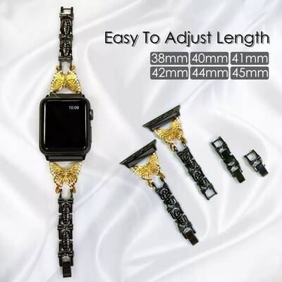 (38mm-40mm-41mm) Steel butterfly design Black &amp; Gold butterfly - باند ستيل تصميم فراشه اسود مع فراشه ذهبي 