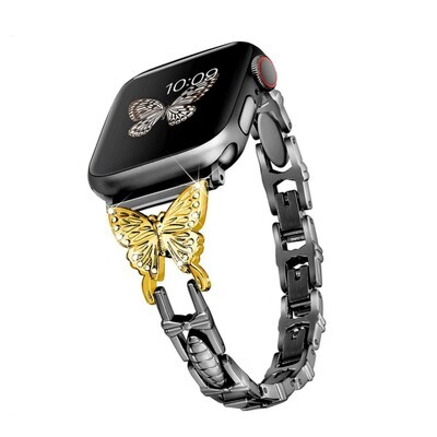 (42mm-44mm-45mm-49mm) Steel butterfly design Black &amp; Gold butterfly - باند ستيل تصميم فراشه اسود مع فراشه ذهبي 