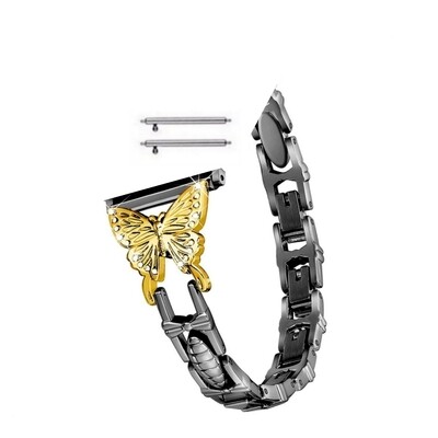 (22mm) Steel butterfly design Black &amp; Gold butterfly - باند ستيل تصميم فراشه اسود مع فراشه ذهبي 
