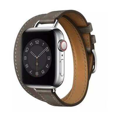 (42mm-44mm-45mm-49mm) Hermes Grey Leather double tour band Slim - جلد هرميز دبل رمادي ضعيف 