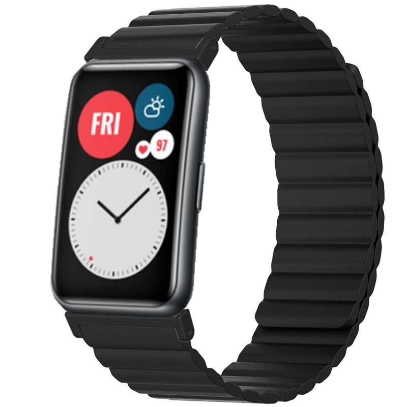 (Huawei Fit 1 &amp; 2 &amp; 3 &amp; 4/Pro) Single color silicone magnatic band Full Black - باند سيليكون مغناطيسي لون اسود كامل  