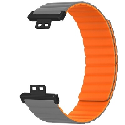 (Huawei Fit 1 &amp; 2 &amp; 3 &amp; 4/Pro) Double color silicone magnatic band Grey&amp;Orange - باند سيليكون مغناطيسي لونين رمادي مع برتقالي