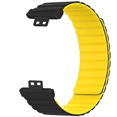 (Huawei Fit 1 &amp; 2 &amp; 3 &amp; 4/Pro) Double color silicone magnatic band Black&amp;Yellow - باند سيليكون مغناطيسي لونين اسود مع اصفر 