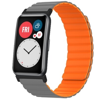 (Huawei Fit 1 &amp; 2 &amp; 3 &amp; 4/Pro) Double color silicone magnatic band Grey&amp;Orange - باند سيليكون مغناطيسي لونين رمادي مع برتقالي