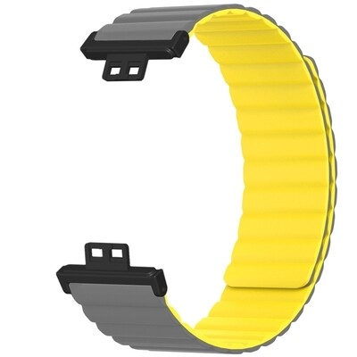 (Huawei Fit 1 &amp; 2 &amp; 3 &amp; 4/Pro) Double color silicone magnatic band Grey&amp;Yellow - باند سيليكون مغناطيسي لونين رمادي مع اصفر 