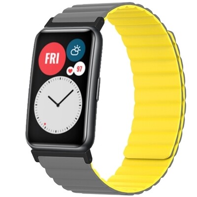 (Huawei Fit 1 &amp; 2 &amp; 3 &amp; 4/Pro) Double color silicone magnatic band Grey&amp;Yellow - باند سيليكون مغناطيسي لونين رمادي مع اصفر 