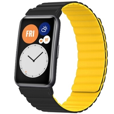 (Huawei Fit 1 &amp; 2 &amp; 3 &amp; 4/Pro) Double color silicone magnatic band Black&amp;Yellow - باند سيليكون مغناطيسي لونين اسود مع اصفر 