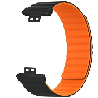 (Huawei Fit 1 &amp; 2 &amp; 3 &amp; 4/Pro) Double color silicone magnatic band Black&amp;Orange - باند سيليكون مغناطيسي لونين اسود مع برتقالي 
